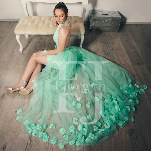 Sexy Halter Formal Party Dress with Detachable Tulle Train Mint Custom Made Handmade Flowers Evening Gown Womens Formal Dresses