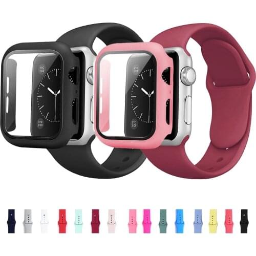 Cristal, funda y correa para Apple Watch, banda de silicona para reloj inteligente iWatch 3 4 5 6 se, 44mm, 40mm, 38mm, 42mm y 4