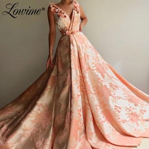 Dubai Floral Print Sleeveless A-Line Evening Dresses 2020 V-Neck Handmade Flowers Formal Party Wear Gown Long Prom Dress Robes