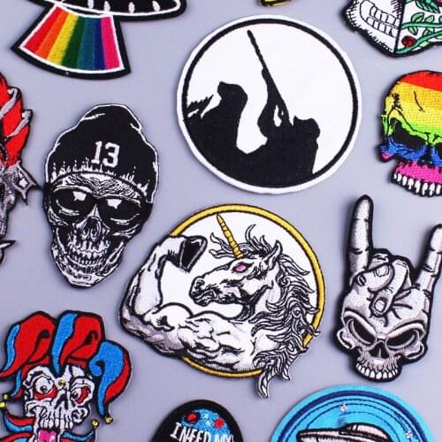 Punk/Skull Embroidered Patches For Clothing Iron On Horse Embroidery Patches For Clothes Stripe Appliques For DIY T-shirt Badges
