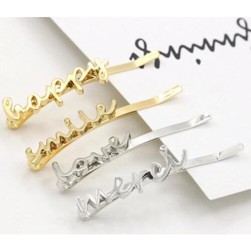 Letter Happy Smile Love Merci 1 shape hairpin Gold and silver plated women girls hair clip gift