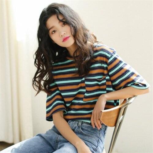 Women Summer Harajuku Blouse Stripe Print Korean Short-sleeved Kawaii Shirts Fashion Female Casual Shirt Blusas
