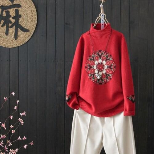 Woman Sweaters Ethnic Style Retro Pullover Sweater Womens Turtleneck plus Size Sweater Femme Chandails Pull Hiver