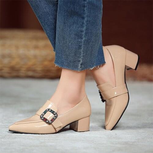 COOLULU Women Shoes High Heels Chunky Heel Shoes Crystal Pointed Toe Pumps Buckle Offiece Ladies Footwear Spring Apricot Size 45