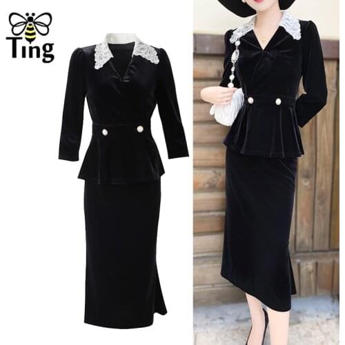Tingfly Vintage Elegant Office Lady 2 pcs Set Ruffles Blouses & Bodycon Knee Length Skirts Velvet Women Sets Dress Set Winter ZA