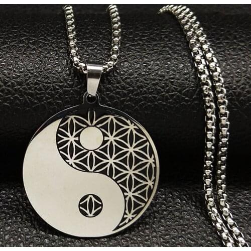 Flower of Life YinYang Stainless Steel Necklace for Women Black Silver Color Witchcraft Necklaces Jewellery collier N186S05