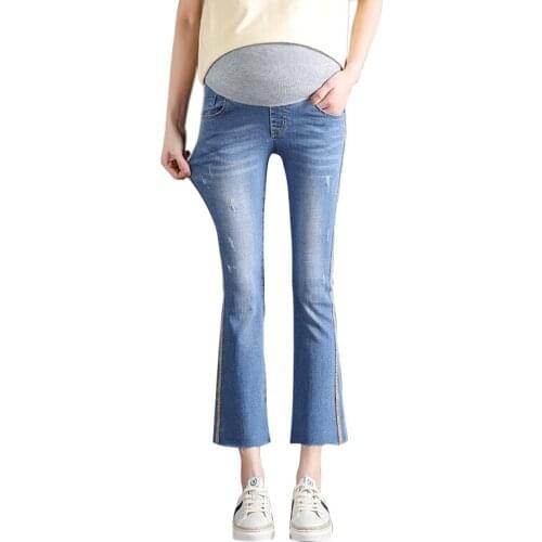 2019 spring and summer pregnant women jeans nine points trumpet pants Korean version of the thin stretch pants jeans pregnancy