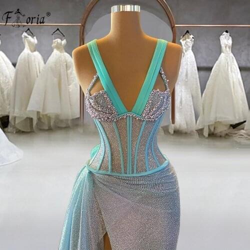 Sexy High Split Long Prom Gowns Deep V Neck Glitter Beading Dubai Arabic Blush Evening Dress Special Occasion Robe De Soiree