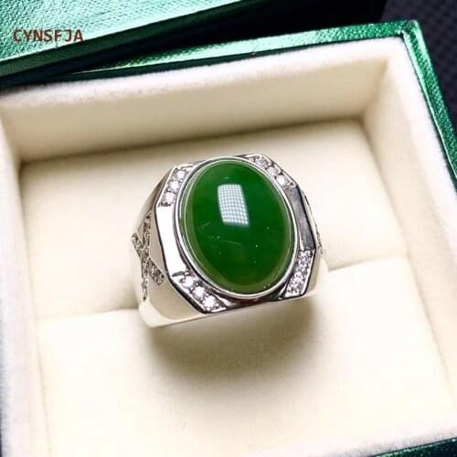 CYNSFJA New Real Certified Natural Hetian Jade Jasper Mens Rings 925 Silver Lucky Amulets Russian Green Jade Gemstone Jewelry