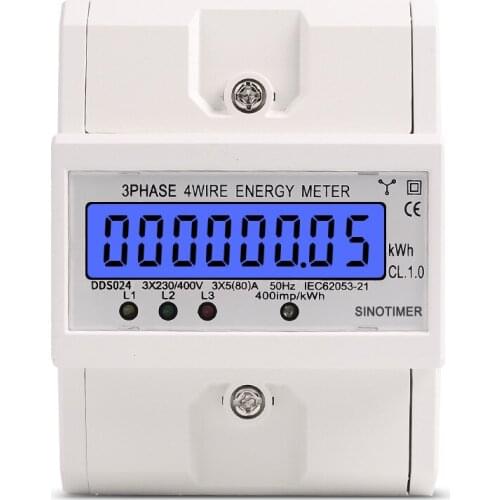 Din Rail 3 Phase 4 Wire Electronic Watt Power Consumption Energy Meter Wattmeter kWh 5-80A 380V AC 50Hz LCD Backlight Display