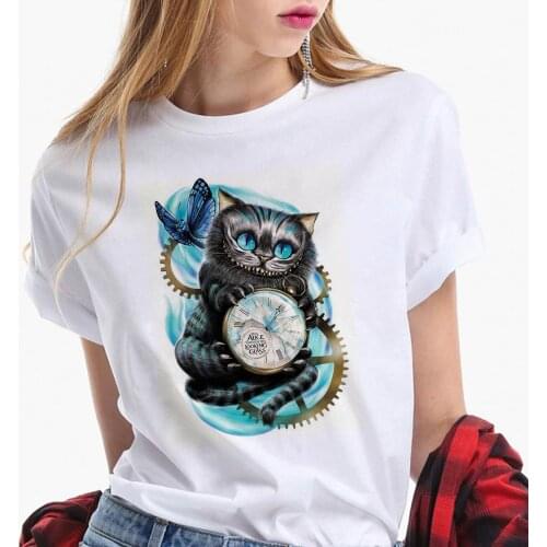 Hot Sale Fashion Women T Shirt Summer Short Sleeve Casual White Tshirts Alice In Wonderland Print Disney Tee Tops Streetwear Top