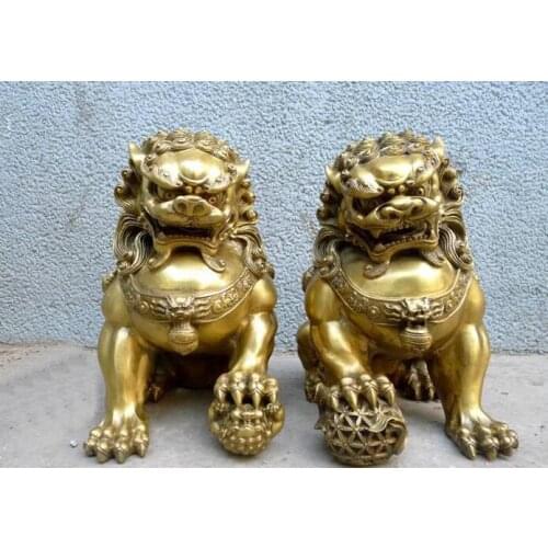 China Royal Palace Pure Brass Door talisman Fu Foo Dog Evil Guardian Lion Pair