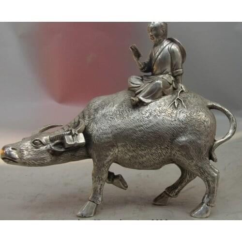 China White Copper Silver Old Vaquero Book Bull Cattle Ox Cow Statue Sculpture
