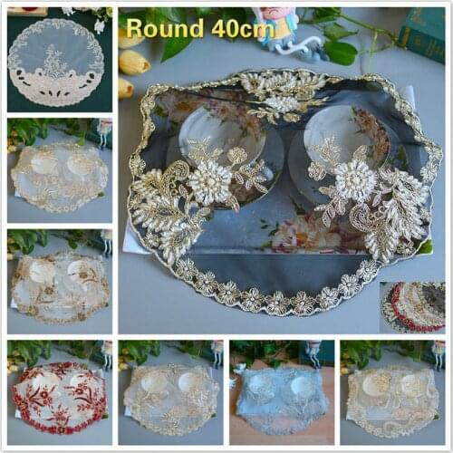 European Lace Embroidery Beaded Sequins Round Placemat Coaster Coffee Table Mat Fruit Snack Plate Party Banquet Furniture Cover