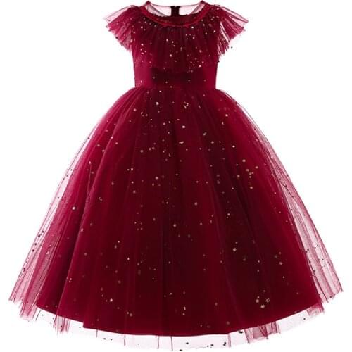Summer New Vintage Red Sequined Shawl Lace Wedding Dress 4-14 Year Teenage Girls Birthday Party Princess Tulle Dress Kids Cloth