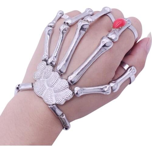 Fashion Punk Skeleton Skull protection Bone Hand Fingers Rings Bracelet Faux Halloween Party Bangle adjustable bracelet