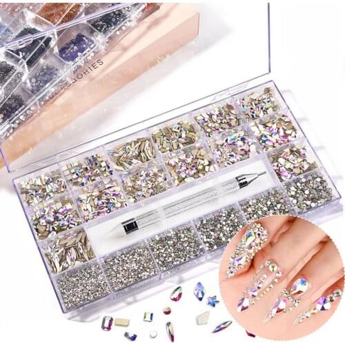 21 Grids Nail Art Rhinestone Set 3D Glitter Diamond Flat Bottom With Nail Drill DIY Decoration Accessorie Nail Art Manicure Tool