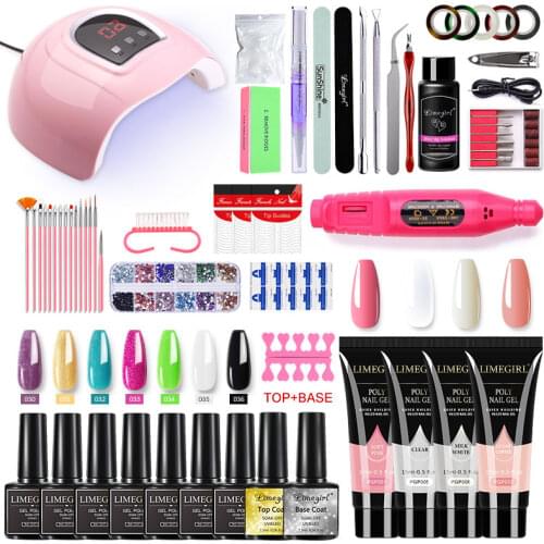 Limegirl Poly UV Gel Set With Lamp Pink Clear UV Gel Varnish Nail Polish Quick Building For Nails Extensions Hard Gel Nail Kit
