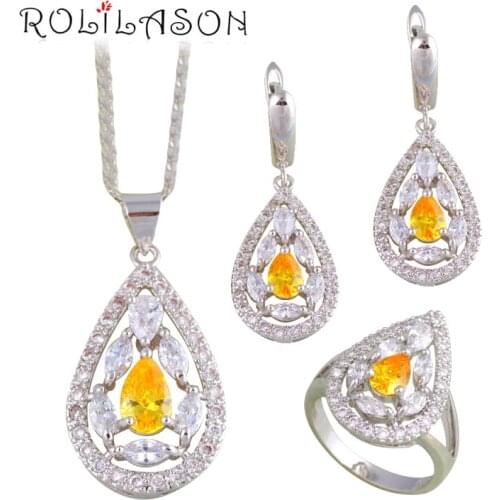 ROLILASON Water Drop Yellow Zircon Silver Stamped Jewelry Sets Earring /Necklace/Pendant/ Rings for Women Fashion Jewelry JS679