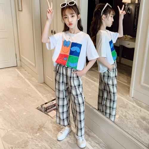Teen Girls Clothing Sets for Girls Tracksuit Summer Short Sleeve Cartoon Tops Plaid Pants Suit School Kids Clothes 6 8 12 14Yrs