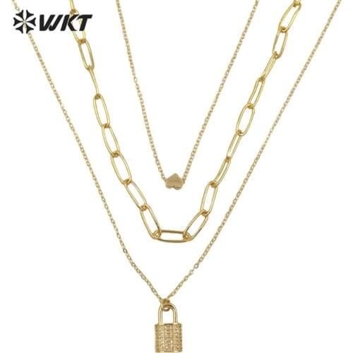 WT-N1304 Wholesale Most Populare triple layer metal chain necklace lady fashion gold plated Lock charm necklace in 5pcs