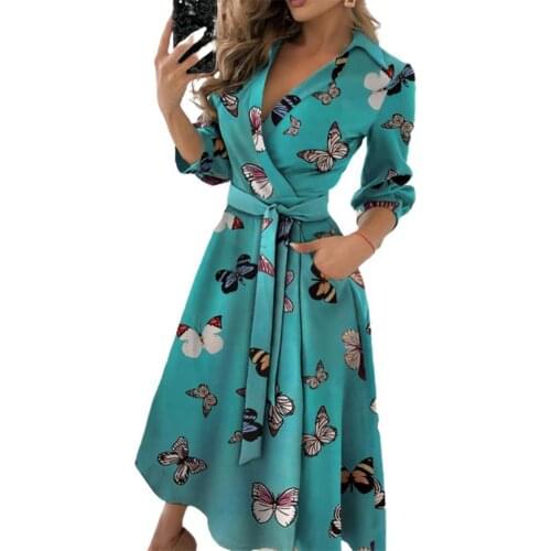 Elegant Women Dress Long Sleeve Large Hem Deep V Neck Solid Color Printed Belt Dress Streetwear Spring Summer Ladies Vestido