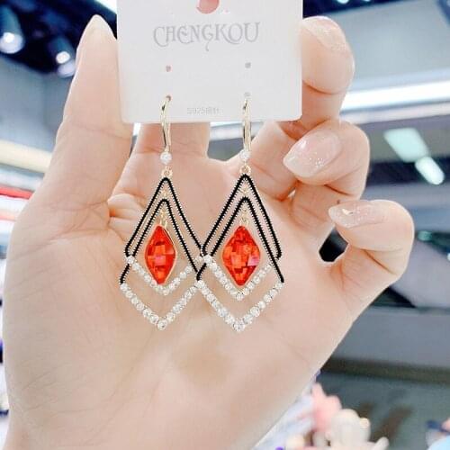 YAOLOGE For Women Red Blue Rhombus Crystal Drop Earrings Alloy Earrings 2021 New Fashion Party Jewelry Ear Accessories Oorbellen