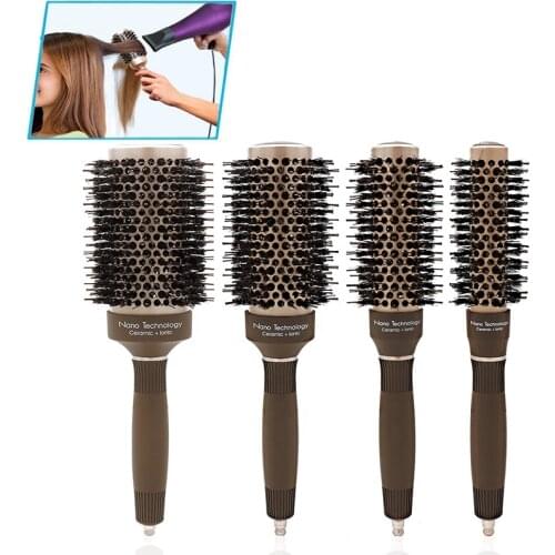 Boar Bristle Styling Hair Brush Straightener Ceramic Straightening Brush 4pcs/set Professional Wooden Round Hair Comb Ceramics