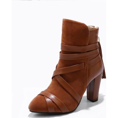 LCIZRONG Winter Big 34-43 Size Women Thick Heel Boots Bandage Warm High Heel Ankle Boots Office Ladies Flock 9CM Tassel Shoes