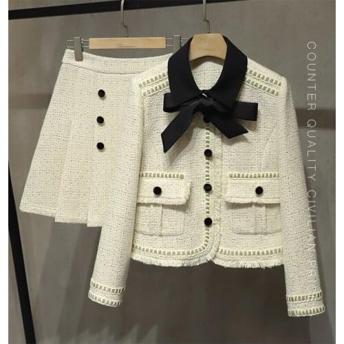 2021 Spring High Quality Women Luxury Black Bow White Tweed Jacket Coat + Pleated Skirt Female Casual Suits 2 Piece Sets
