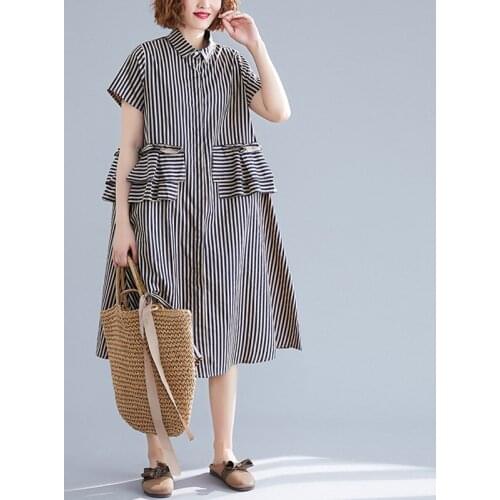 Women Summer Cotton Casual Dress New Arrival 2021 Vintage Style Ruffles Striped Loose Comfortable Female Long Dresses B883