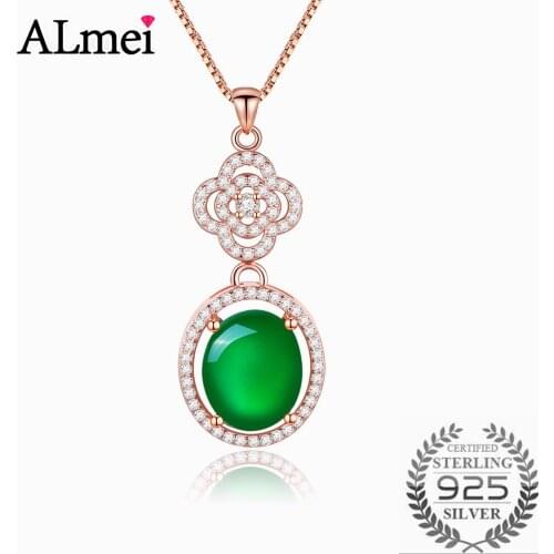 Almei Popular 100% 925 Sterling Silver 4ct Chalcedony Round Pendant Necklaces for Women Fine Jewelry Wedding Free Box 40% FN082