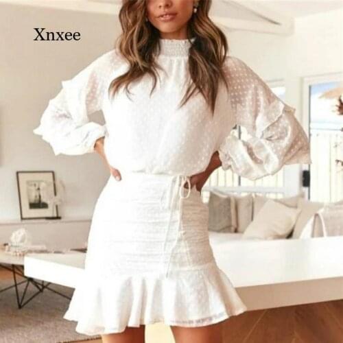 Spring and Autumn Womens 2-Piece High Neck Loose Shirt Dress Female Bohemian Fashion Sexy Ruffled Mini Polka Dot Short Dress