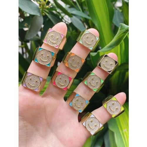 10Pcs Summer Color Copper Gold Plating Jewelry Finger Ring Enamel Micro Pave CZ Heart/Star/ Smile Face Adjustable Jewelry Ring