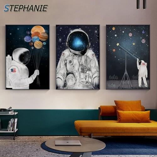 Abstract Space Man Planet Canvas Painting Cartoon Cute Astronaut Posters N Prints Nordic Wall Art Pictures for Living Boy Room