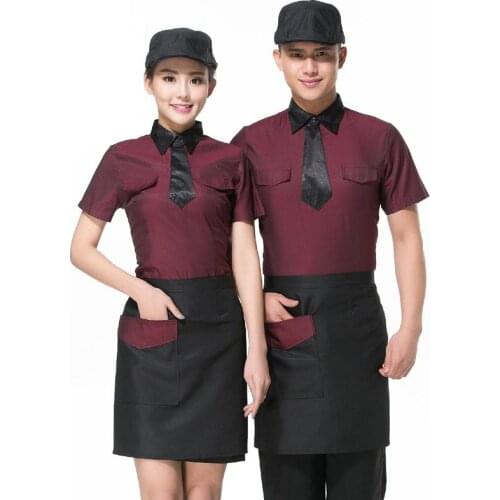 Free Shipping Work Uniform Summer Short Sleeve Tie Shirt+Pocket Apron Set 2Piece Cake Shop Work Clothes Cheap Cashier Uniform