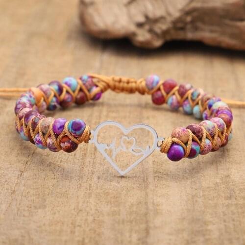 Stainless Steel Charm Macrame Bracelets Natural Stone Jaspers String Braided Bracelets Heart Bracelets Double Layers Jewelry