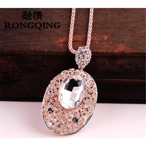 RONGQING 2018 New Oval Crysta Sweater Chain Necklaces For Women Fashion Fine Metal Chain Crystal Pendant