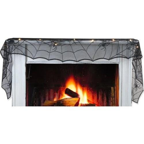 Halloween Decorative Banner Lace Spider Web Cobweb Stove Cover with LED String Light Banner for Halloween Party Home Decor D30