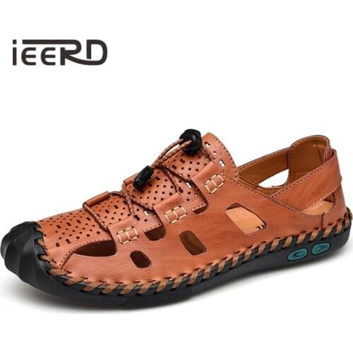 IEERD Summer Men Sandals Hand-made Split Leather Beach Sandals Protective Outdoor Sandals