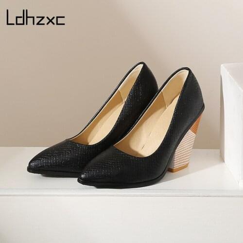 LDHZXC Patchwork Snakeskin PU Women Shoes Square Heel Fashion Women Pumps Pointed Toe Slip on Single Shoes Size 34-48