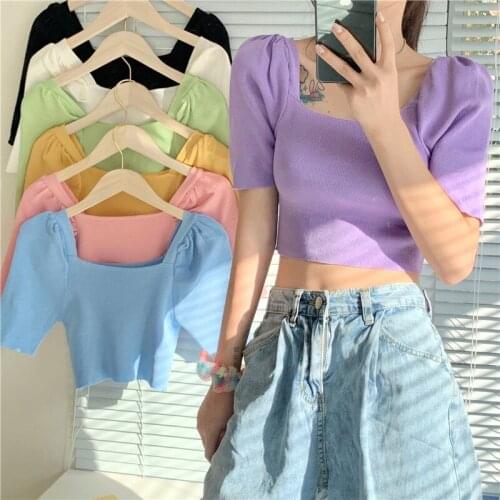 Summer Short Sleeve T Shirt Knitting Version Square Collar Short Slim Candy Color Thin Puff Sleeve Korean Clothing Wholesale