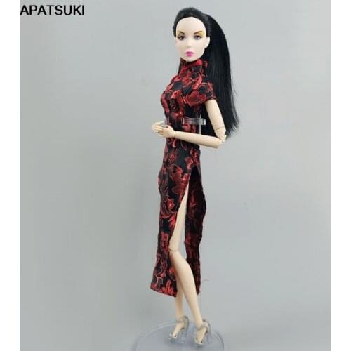 Red Floral Fashion Doll Clothes For Barbie Doll Dress Outfits Chinese Traditional Qipao Clothing 1/6 Dolls Accessories DIY Toy