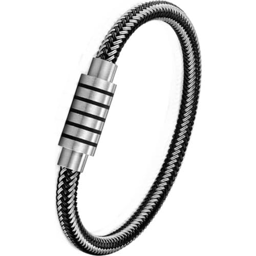 Fashion Punk Black/white Braided Steel wire Bracelet Stainless Steel Magnetic Buckle Simple Style Men Bracelet Womens Jewelry