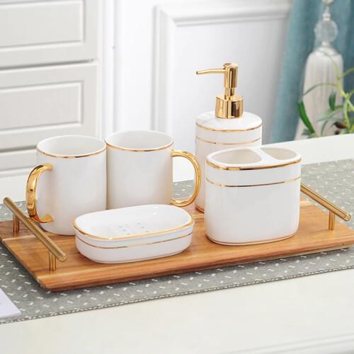 Bathroom Accessories Set Ceramic Soap Dispenser Toothbrush Holder Gargle Cups Soap Dish With Tray Wash Suit Bottle Wedding Gifts