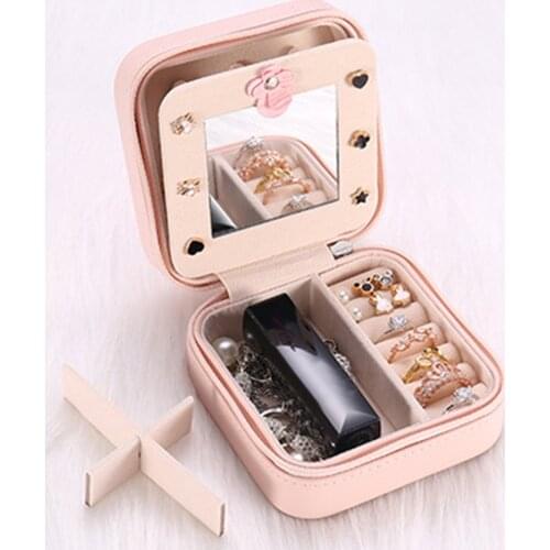 Jewelry Organizer Faux Leather 2-Layer Portable Jewelry Box Zipper Jewelers For Earrings, Necklaces, Rings, With Makeup Mirror