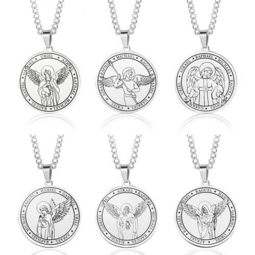 Stainless Steel Pendant Necklace for Men Carved Seven Angels Pattern Round Tag Titanium Steel Jewelry Gift