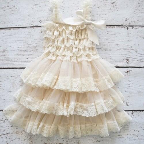New Retail Girls Ivory Lace Ruffles Cake Dress Baby 3Layers Chiffon Tutus with Straps and Ribbon Bow Kids Wedding Party Dresses
