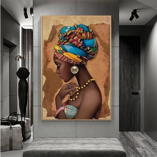 Portrait Art African Woman Painting Prints on Canvas Beauty Girl Canvas Painting Posters Wall Art Picture for Living Room Decor