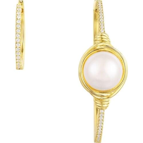 925 Sterling Silver Gold Yellow Color Asymmetric Sterling Silver Hoop Earrings,White Pearl Stones, Brand Jewelry for Women